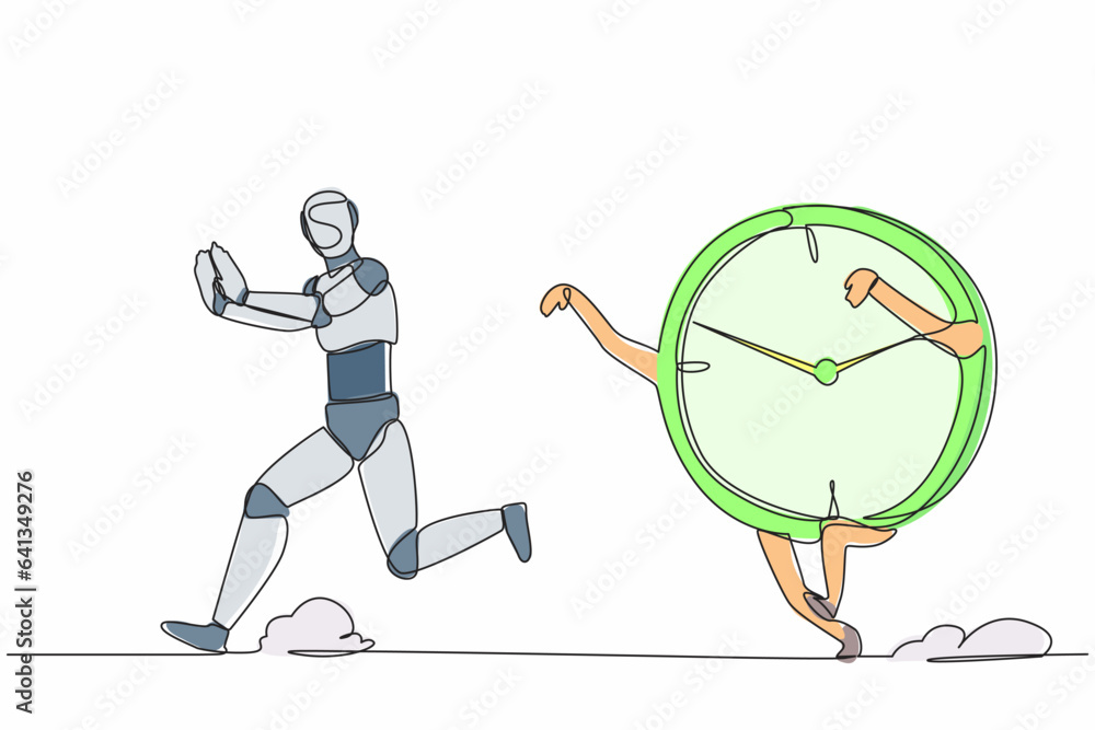 Single continuous line drawing stressed robot being chased by time ...