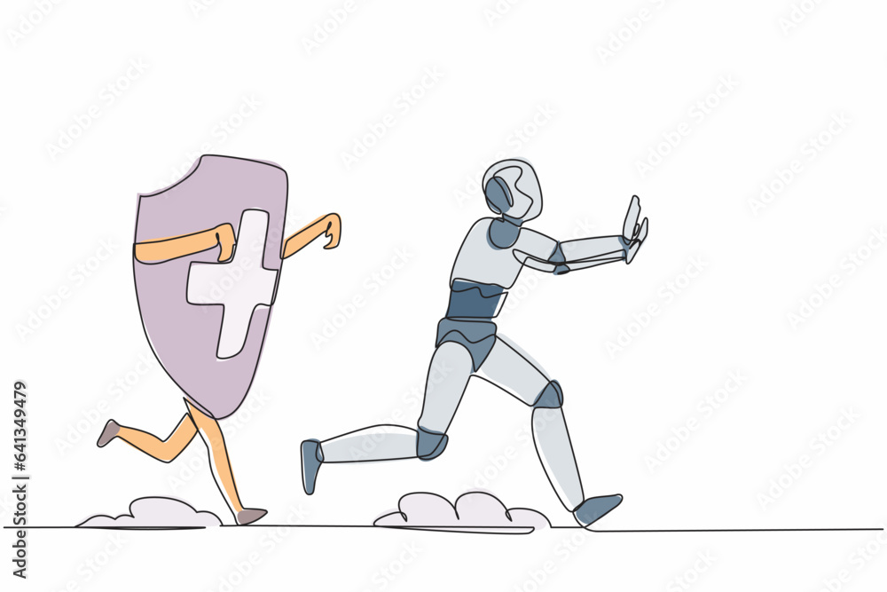 Continuous one line drawing stressed robot being chased by shield. Afraid about budget increasing of healthcare insurance. Humanoid robot cybernetic organism. Single line design vector illustration Continuous one line drawing stressed robot being chased by shield. Afraid about budget increasing of healthcare insurance. Humanoid robot cybernetic organism. Single line design vector illustration