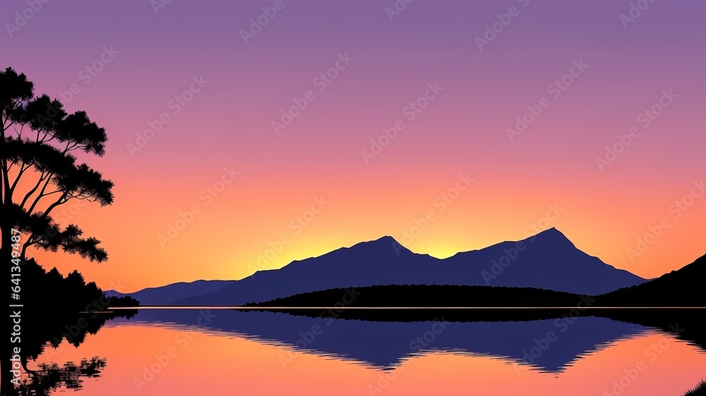 A peaceful and silent sunset happening over a still lake that is surrounded by large mountains. Illustration, AI Generated