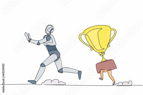 Single continuous line drawing stressed robot being chased by trophy. Confused with business goals for winning competition. Robotic artificial intelligence. One line draw design vector illustration