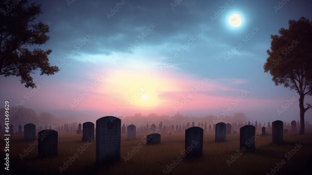 At night, there is a scary mist and you might see glowing eyes looking at you from the dark areas of a cemetery. Illustration, AI Generated
