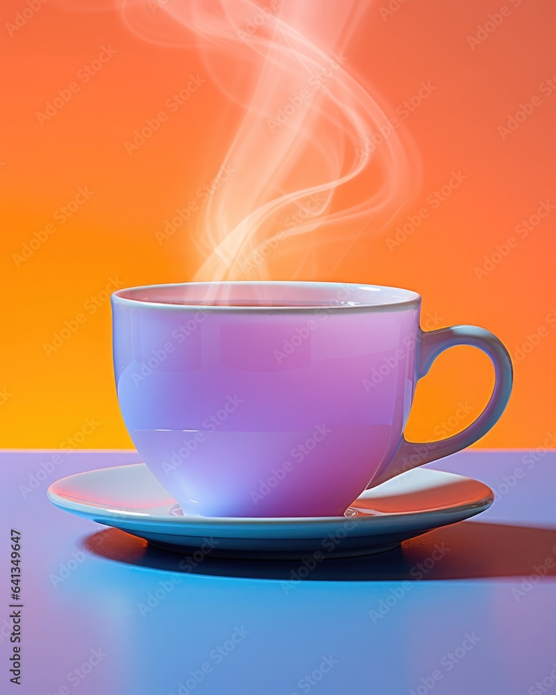 A cup of steaming coffee on a gradient orange-purple background. Creative minimalistic composition. A cup of steaming coffee on a gradient orange-purple background. Creative minimalistic composition.