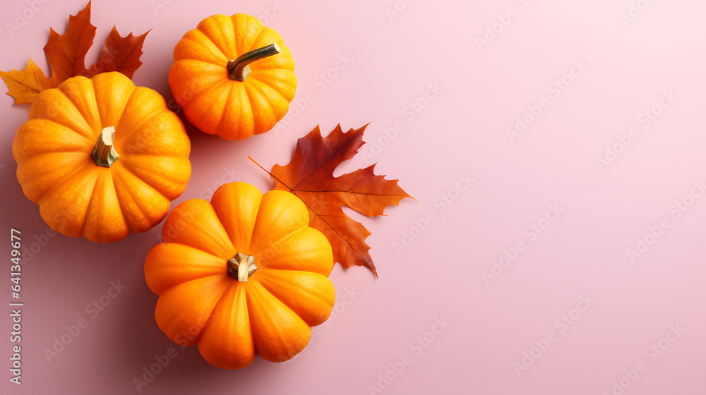 Autumn halloween composition with pumpkins and leaves on pink background. Flat lay, top view, copy space Autumn halloween composition with pumpkins and leaves on pink background. Flat lay, top view, copy space