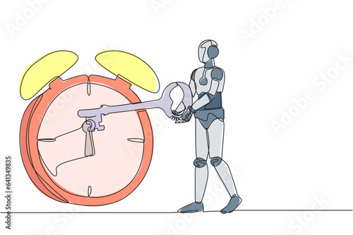 Single one line drawing robot putting big key into alarm clock. Deadline work to finish. Time management. Future technology development. Modern continuous line draw design graphic vector illustration