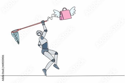 Single one line drawing robot try to catching flying shopping bag with butterfly net. Commercial retail fashion. Future technology. Artificial intelligence. Continuous line design vector illustration