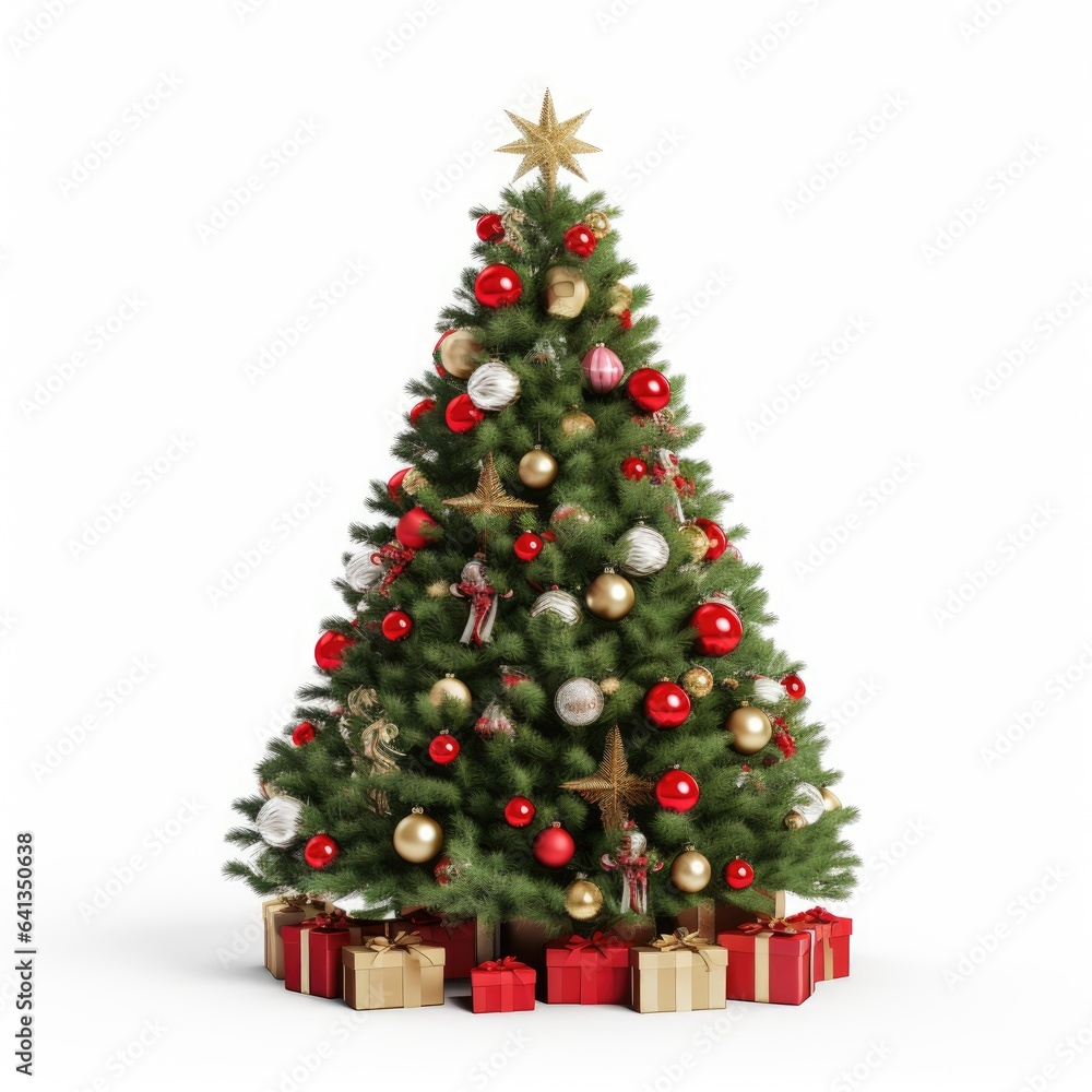 Christmas tree decorated with Christmas toys and gifts under it on a white background