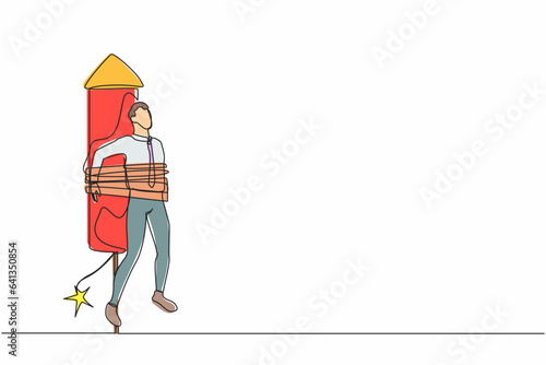 Continuous one line drawing businessman being tied to launching rocket, feeling anxious and scared. Fear of impending disaster. Career failure concept. Single line design vector graphic illustration