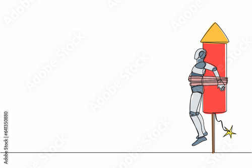 Single one line drawing robot being tied to a launching rocket, feeling anxious and scared. Future technology development. Artificial intelligence. Continuous line design graphic vector illustration