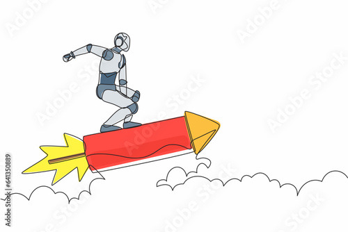 Single one line drawing robot standing astride a rocket and flying through the air. Humanoid robot cybernetic organism. Future robotic development. Continuous line design graphic vector illustration