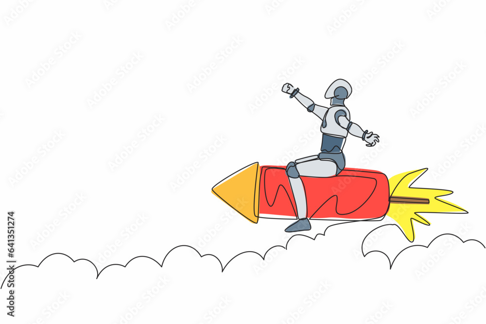 Single one line drawing robot flying high riding firework rocket. Future technology development. Artificial intelligence machine learning processes. Continuous line design graphic vector illustration Single one line drawing robot flying high riding firework rocket. Future technology development. Artificial intelligence machine learning processes. Continuous line design graphic vector illustration