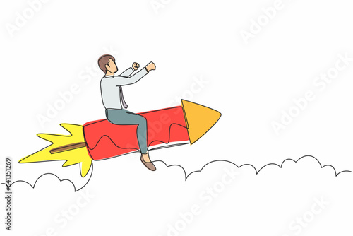 Continuous one line drawing businessman sitting astride a rocket and flying through the air. Successful business, leadership concept. Minimalist metaphor. Single line draw design vector illustration