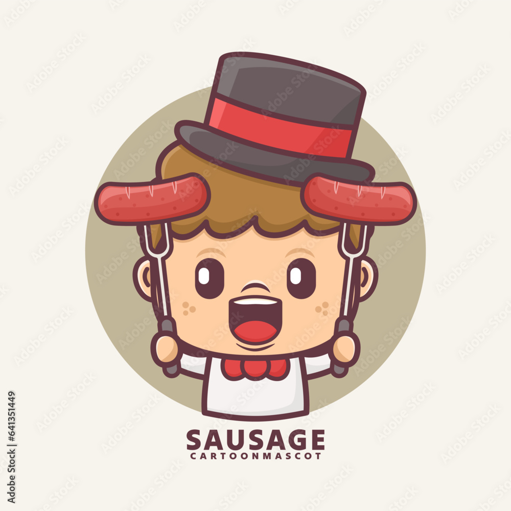 cartoon mascot with sausage. vector illustrations with outline style