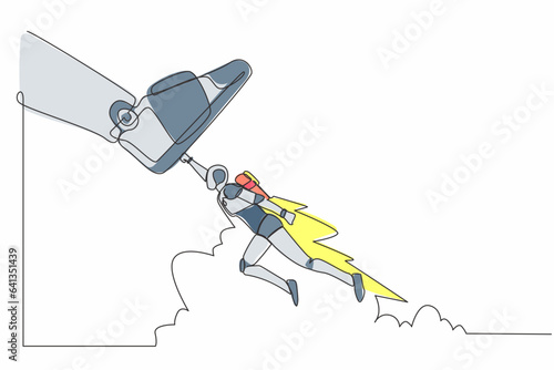 Single continuous line drawing robot flying with jetpack against giant shoes stomping. Robot fly up against giant foot step. Robotic artificial intelligence. One line draw design vector illustration