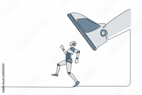 Single continuous line drawing robot run away from stomping foot. Robot running from giant unfair business competition. Robot artificial intelligence. One line draw graphic design vector illustration