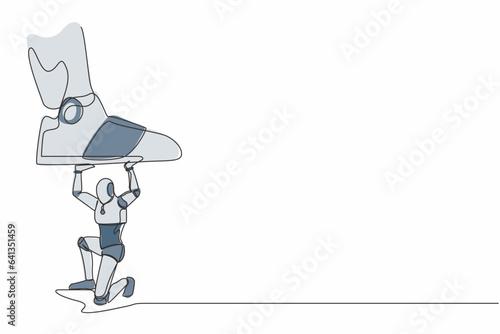 Continuous one line drawing robot under giant feet stomping. Violence of dictator toward tiny robot, big shoes crush machine. Humanoid cybernetic organism. Single line draw design vector illustration
