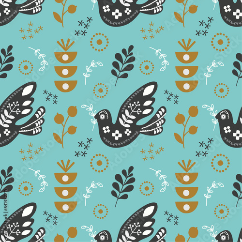 Seamless pattern with decorative folk art elements and bird. Hand drawn vector pattern scandinavian nordic style on a blue background