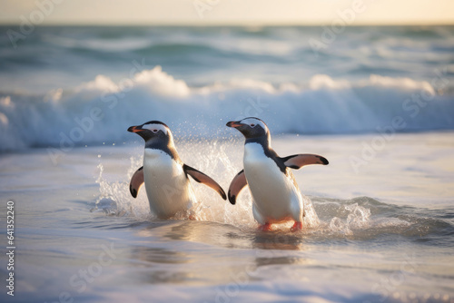 Couple of penguins on the shore in the waves of the Atlantic Ocean