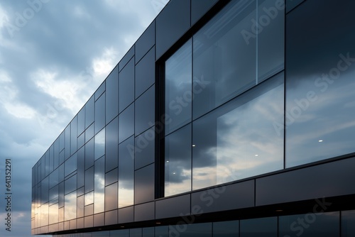 Building with dark reflective windows. Facade, Sky and Clouds