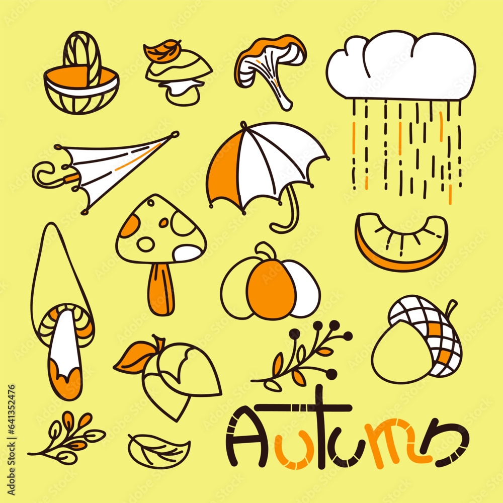 Set of doodle autumn pictures. Simple mushroom, pumpkin, umbrella, rain, cloud, acorn, plant,  basket. EPS10 vector.  Hand drawing.