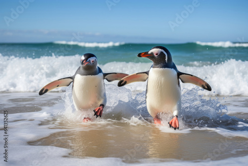 Couple of penguins on the shore in the waves of the Atlantic Ocean