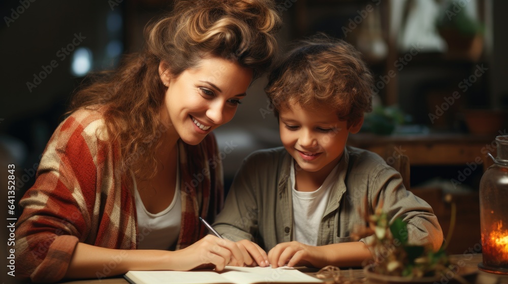 Cheerful family doing school assignment at home. Happy young mother sitting at desk together with her son, helping him with homework, smiling and supporting him. Children, education concept Cheerful family doing school assignment at home. Happy young mother sitting at desk together with her son, helping him with homework, smiling and supporting him. Children, education concept