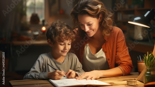 Cheerful family doing school assignment at home. Happy young mother sitting at desk together with her son, helping him with homework, smiling and supporting him. Children, education concept