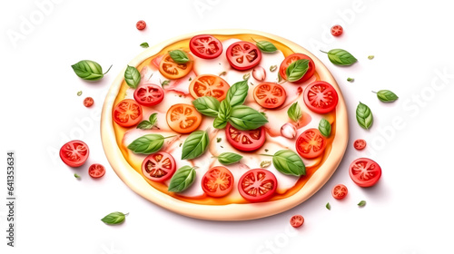 Pizza with tomatoes and basil on a white background, generative AI.