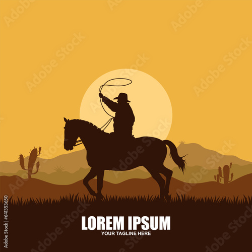 Vintage retro texas rodeo cowboy riding horse logo design template