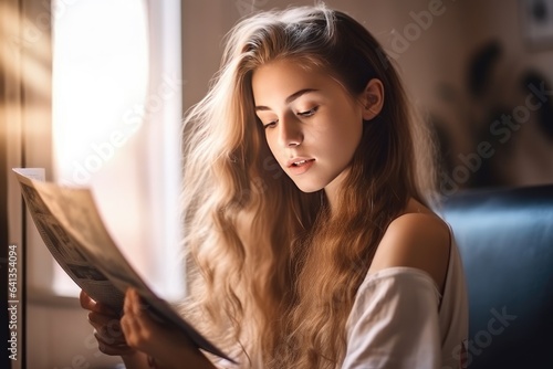 Woman reading newspaper at home, cozy, relaxed, generative AI