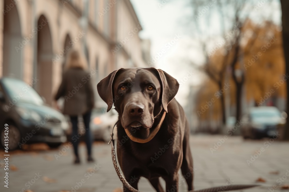 Dog walking in the city with its owner, generative AI