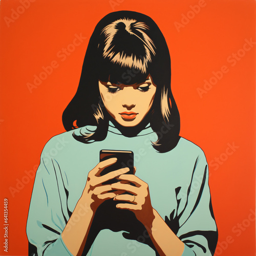 A girl is texting. Pop art poster 
