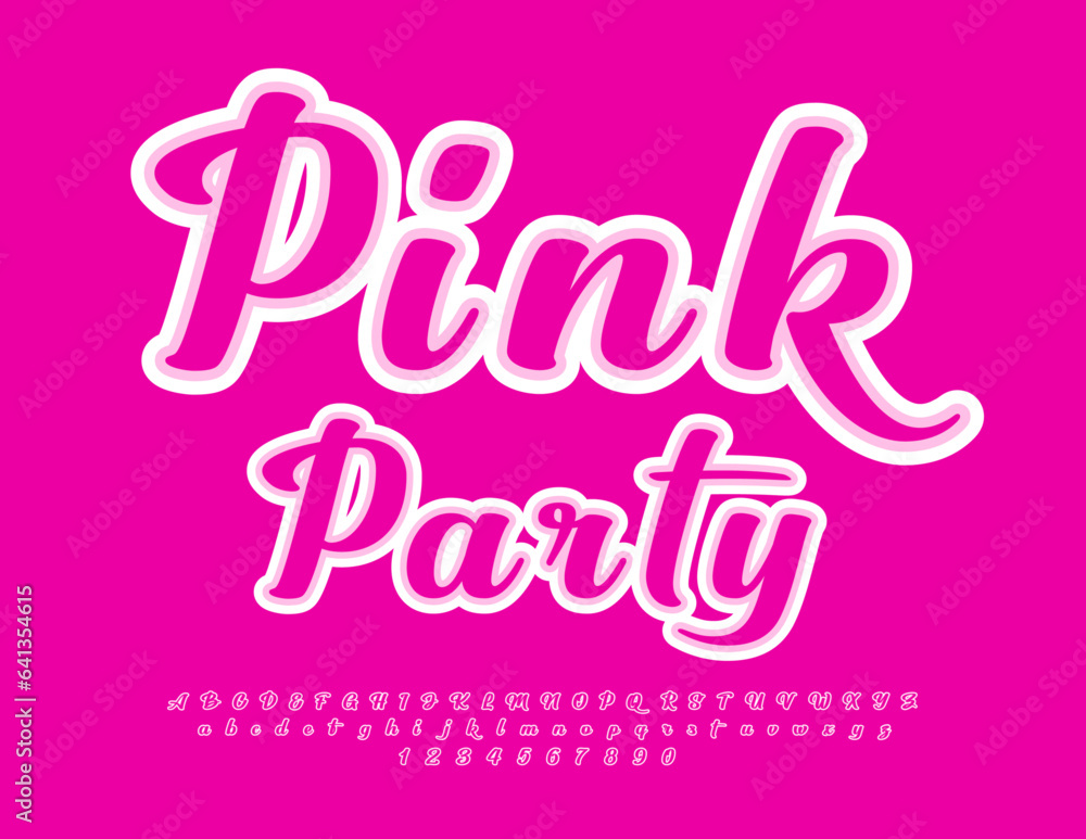 Vector glamorous sign Pink Party. Beautiful calligraphic Font. Stylish Alphabet Letters and Numbers.