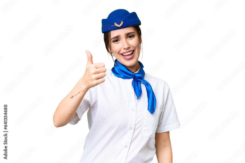 Airplane stewardess over isolated chroma key background with thumbs up because something good has happened Airplane stewardess over isolated chroma key background with thumbs up because something good has happened