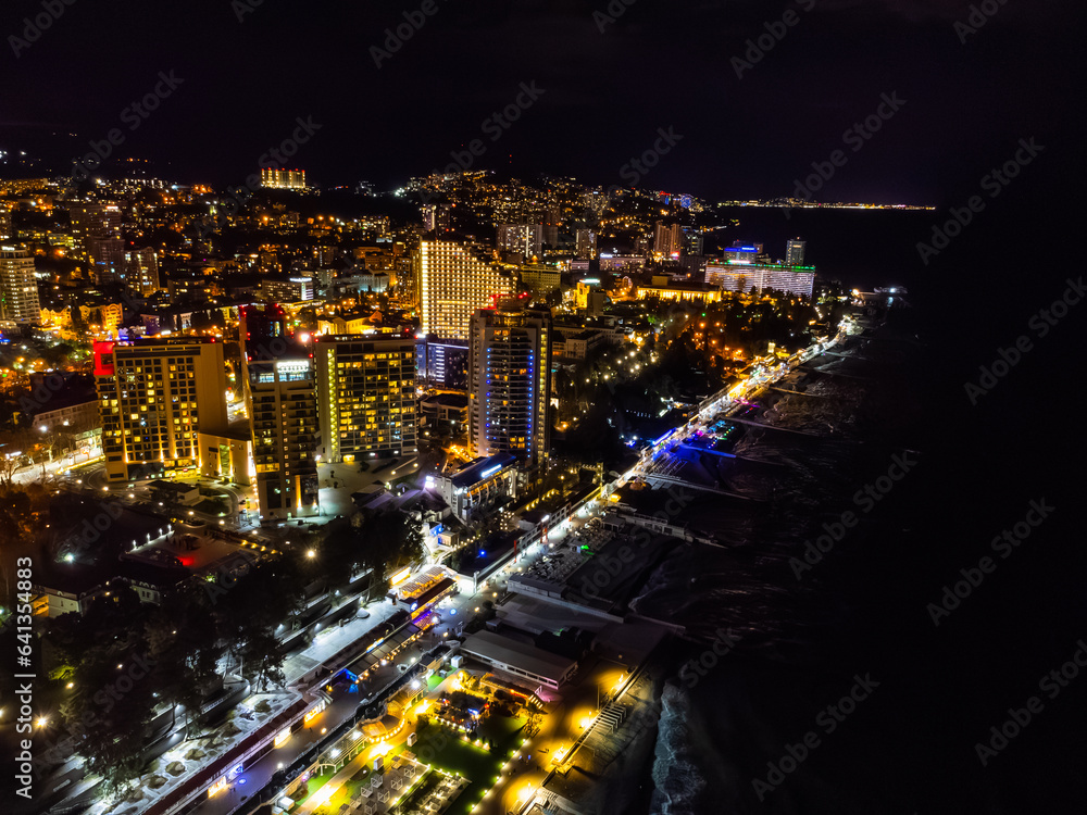 A view of nighttime Sochi from the air. High quality photo