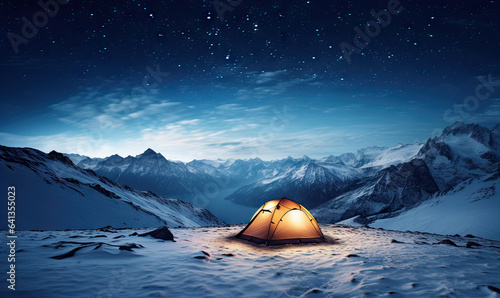 Illuminated tent in snowy mountains under a starry sky. A tranquil alpine camping moment capturing nature's vast splendor. Created by AI tools