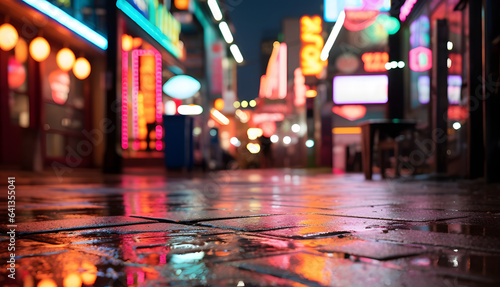 Blurred shot of rainy street at night with neon signs casting colorful reflections on the wet pavement
