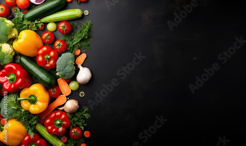 Top view vegetables on black background. Vegetarian organic food banner. Created by AI tools