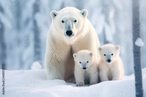 Polar bear with her cubs on a snowy background