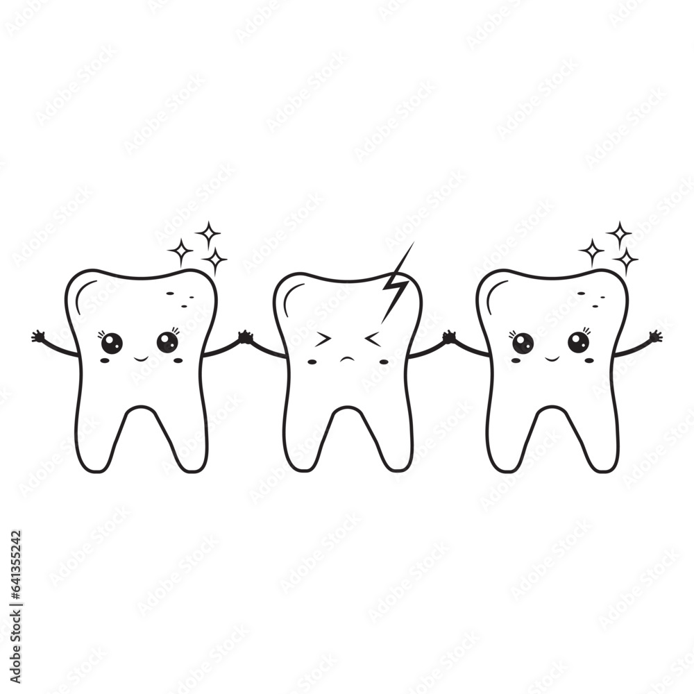 Healthy and sick teeth, kawaii characters, black contour doodle, vector illustration Healthy and sick teeth, kawaii characters, black contour doodle, vector illustration