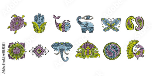 Indian vintage ornament for your design. Esoteric and animals, design elements, Icons set for your design