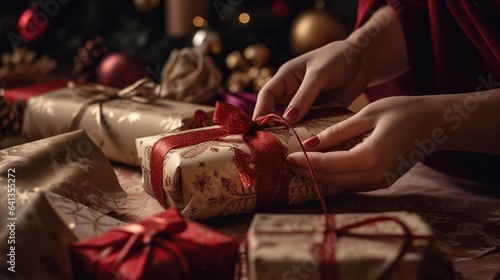 close up of woman's hands wrapping Christmas presents with holiday wrapping paper and ribbon