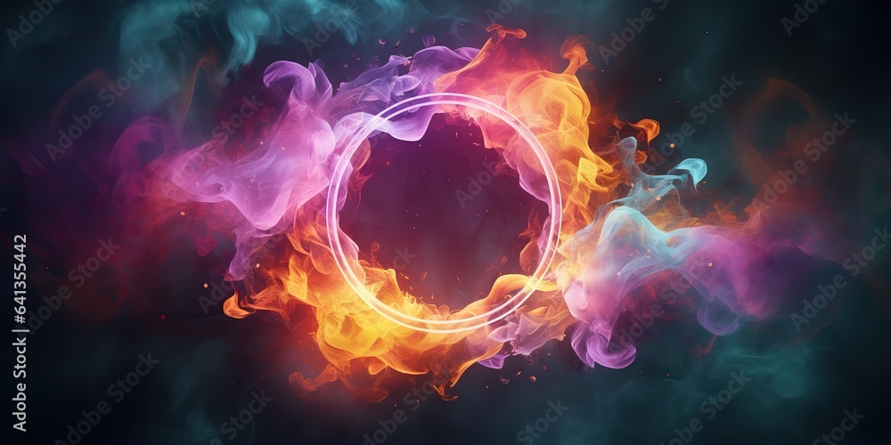 Fototapeta premium AI Generated. AI Generative. Round circle neon glowing color smoke mystic element. Can be used for decoration graphic or web design mock up
