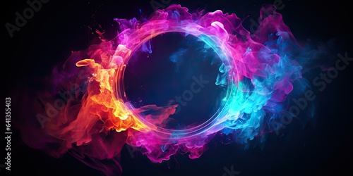 AI Generated. AI Generative. Round circle neon glowing color smoke mystic element. Can be used for decoration graphic or web design mock up