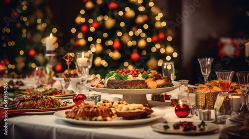 Festive table with numerous dishes on the background of the Christmas tree