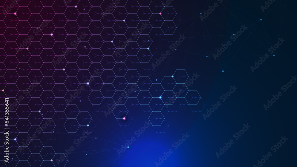 Abstract hexagons patter with connecting dots and lines. Digital big data visualization. Network connection and communication technology concept background. - obrazy, fototapety, plakaty 
