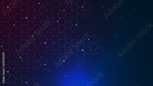 Abstract hexagons patter with connecting dots and lines. Digital big data visualization. Network connection and communication technology concept background.