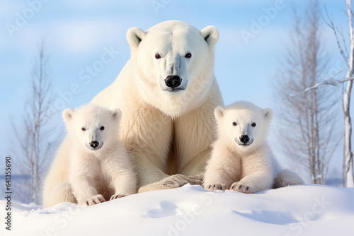 Polar bear with her cubs on a snowy background