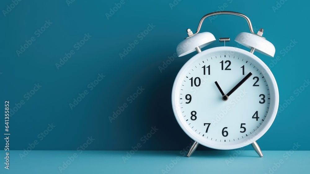 White alarm clock on a blue background White alarm clock on a blue background