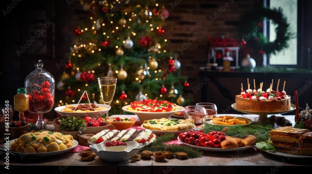 Festive table with numerous dishes on the background of the Christmas tree