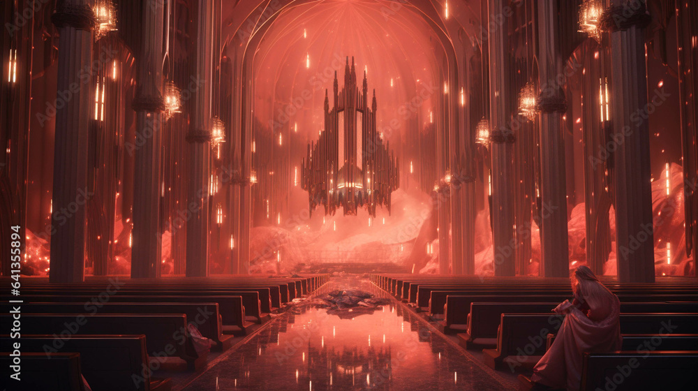 Cathedral Interior under Martian Skies With Red Lights. Solarpunk Martian Dreamscape. Generative AI
